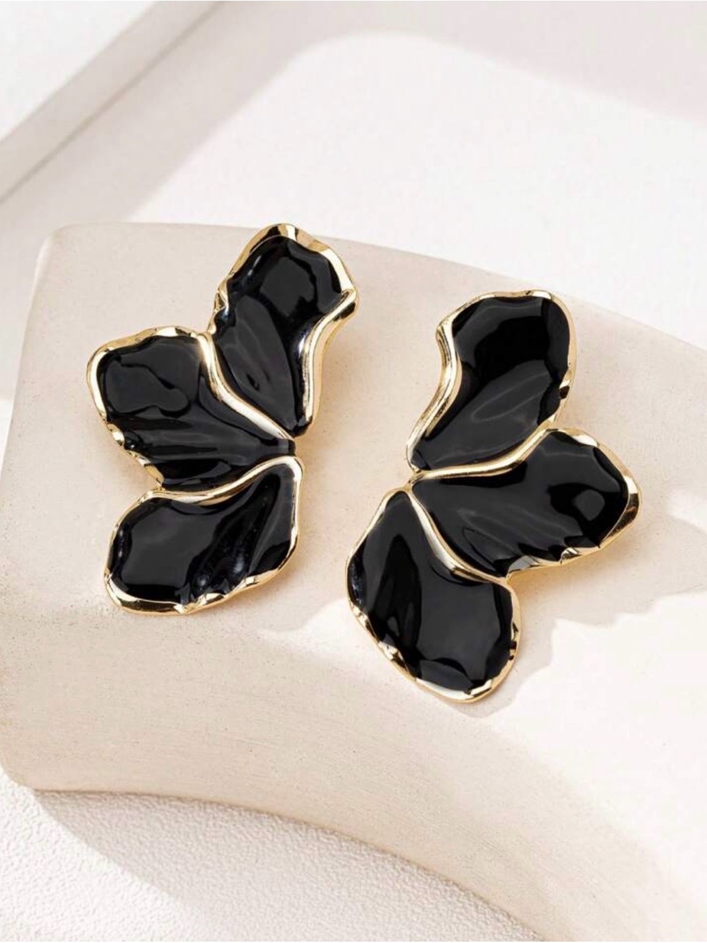 Gold-Trim Black Enamel Petal Drop Earrings - Women Jewelry